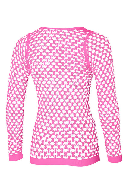 Achterkant van het roze visnet shirt met naadloos gebreid netpatroon
