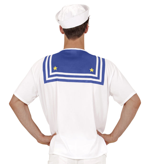 Achterkant Sailor T-shirt met blauw kraagvlak, witte biezen en twee gele sterren