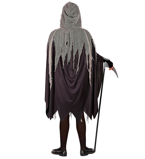 Achterkant van het Skelety magere hein kostuum met lange zwarte cape en grijze capuchon