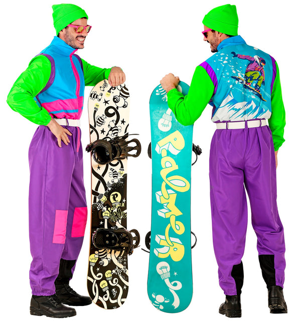 Achterkant snowboarder overall met opdruk van snowboarder in besneeuwd bergdecor