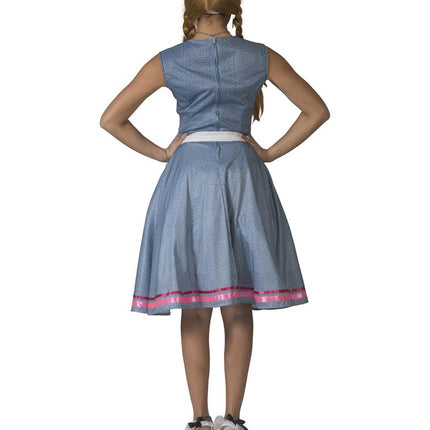 Achterkant tiroler jurk Steffie dames met rits en blauw gemêleerde rok met roze bies