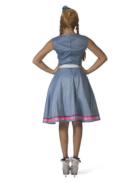 Achterkant tiroler jurk Steffie dames met rits en blauw gemêleerde rok met roze bies