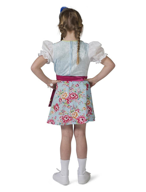 Achterkant van het Tiroler jurkje Greta met sluiting op de rug en wijd uitlopende bloemenrok