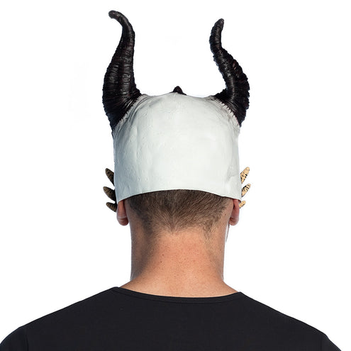 Achterzijde van het drakenschedelmasker: open kapje over de kruin met twee hoorns