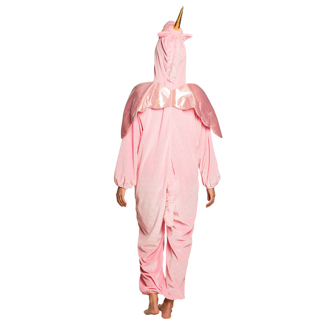 Achterzijde eenhoorn onesie met glanzende vleugels, manenstreep en pluchen staart