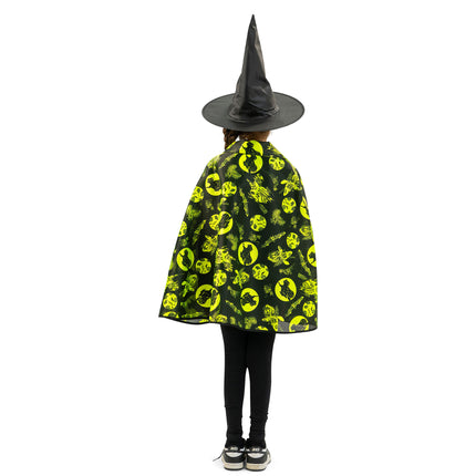Achterzijde van de fluo Halloween cape met gele cirkels, heksen en katten op zwart