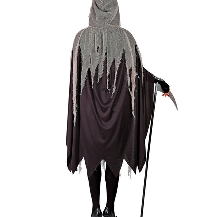 Achterzijde grimreaper kostuum dames met gerafelde grijze gaascape en punten onderaan