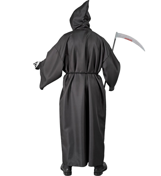 Achterzijde grimreaper mantel zwart met hoge punt in de kap en glad vallende polyester stof