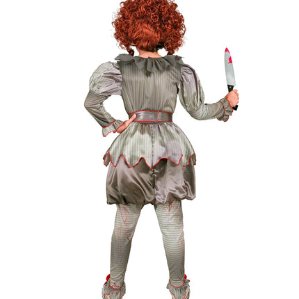 Achterzijde killer clown jurk met golvende zoom, rode bies en overzetschoenen met pompon