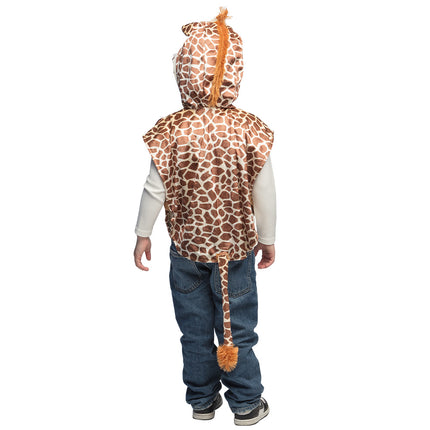 Achterzijde kinderponcho giraffe met oranje manenkam op de capuchon en afneembare staart met pluimpje