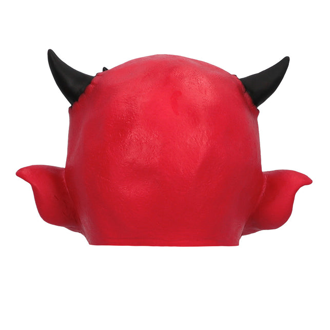 Achterzijde van het latex duivelsmasker Creepy devil dat het hele hoofd tot in de nek bedekt