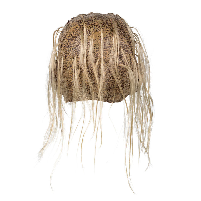 Achterzijde van het latex zombiemasker Grumble met gespikkelde schedel en haarplukken