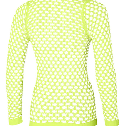 Achterzijde van het neongeel visnetshirt met doorlopend netpatroon over de rug
