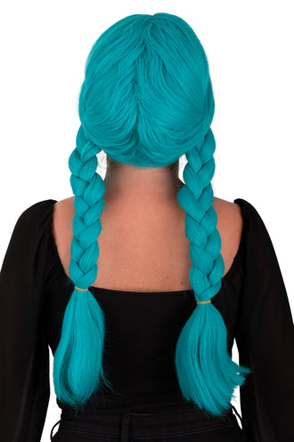 Achterzijde van de pruik Elvina turquoise met twee dikke vlechten met elastiekjes