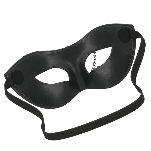 Achterzijde van het steampunk oogmasker met zwarte binnenkant en elastieken band