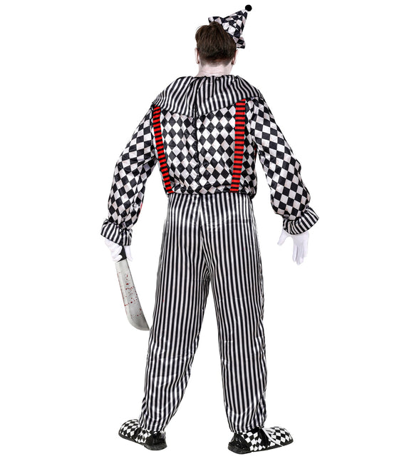 Achterzijde van het vintage clownspak met doorlopende bretels over de rug en gestreepte broek