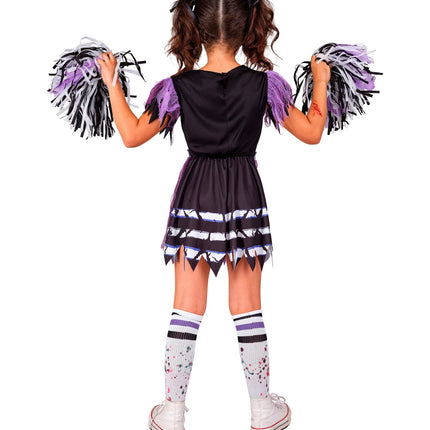 Achterzijde zombie cheerleader jurk met elastiek in de taille en witte banen op het rokje