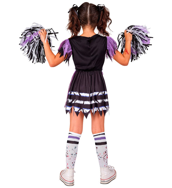 Achterzijde zombie cheerleader jurk met elastiek in de taille en witte banen op het rokje