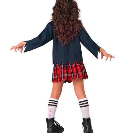 Achterzijde van het zombie schoolmeisje kostuum met ingeknipte zoom van de jas