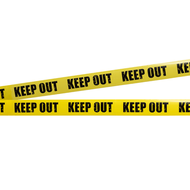 Afzetlint Keep out in geel met zwarte blokletters, twee gekruiste stukken lint