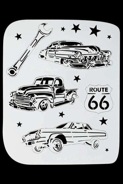 Airbrush sjabloon classic cars van TattooPro met drie oldtimers, moersleutel, Route 66-bord en sterren
