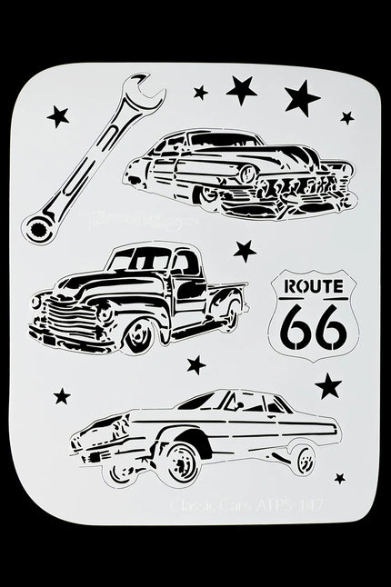 Airbrush sjabloon classic cars van TattooPro met drie oldtimers, moersleutel, Route 66-bord en sterren