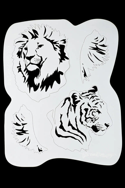 Airbrush sjabloon grote katten van TattooPro met uitgesneden leeuwenkop, tijgerkop en twee vachtmotieven