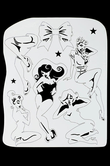 Airbrush sjabloon pin-upgirls TattooPro met vijf pin-upfiguren, strik en sterren voor een jaren 50-themafeest