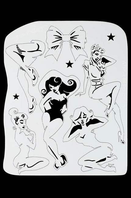 Airbrush sjabloon pin-upgirls TattooPro met vijf pin-upfiguren, strik en sterren voor een jaren 50-themafeest
