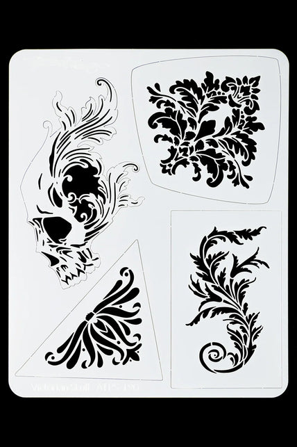 Airbrush sjabloon Victorian Skull met schedel, bladranken en hoekornament in wit kunststof