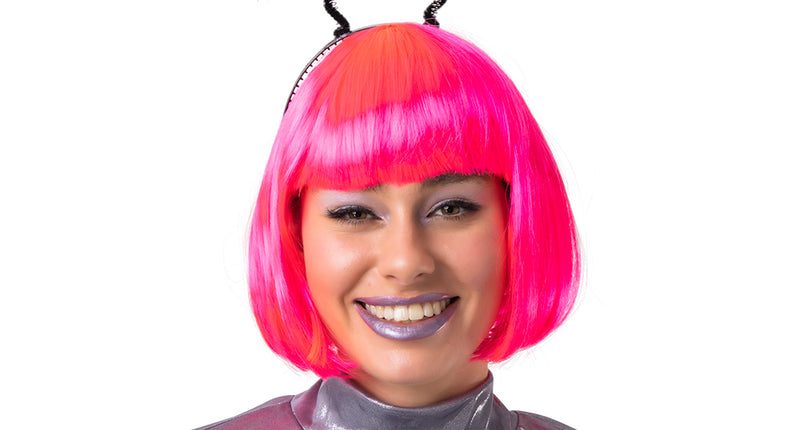 Alien haarband met groene oogbollen op veertjes, gedragen met roze pruik, voor Halloween