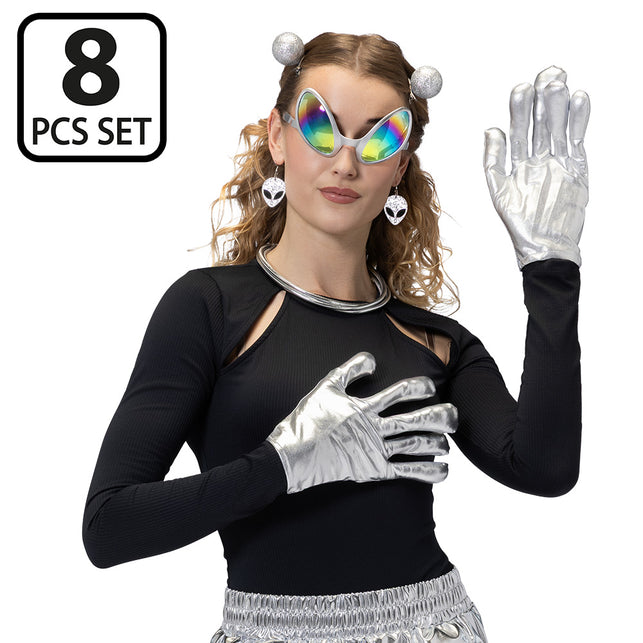 Alien verkleedset gedragen met zilveren bril, haarclips in het haar en metallic vingerhandschoenen voor carnaval