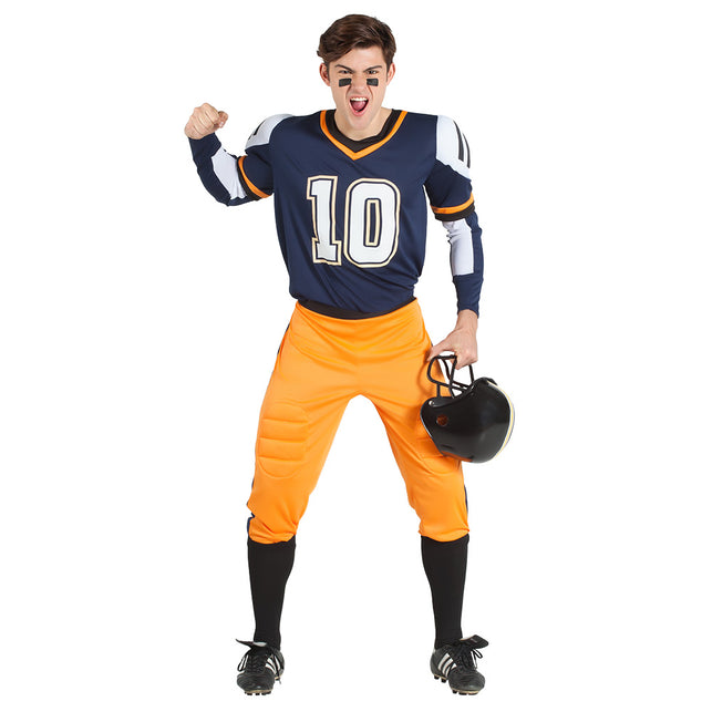 American football speler kostuum met donkerblauw shirt nummer 10, oranje broek en zwarte kniekousen