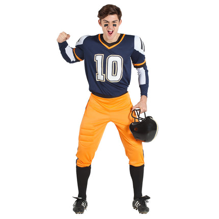 American football speler kostuum met donkerblauw shirt nummer 10, oranje broek en zwarte kniekousen