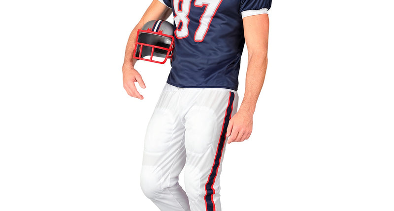 American football speler kostuum Yara heren, donkerblauw shirt met nummer 87 en witte broek met zijstreep