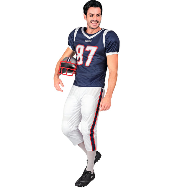 American football speler kostuum Yara heren, donkerblauw shirt met nummer 87 en witte broek met zijstreep