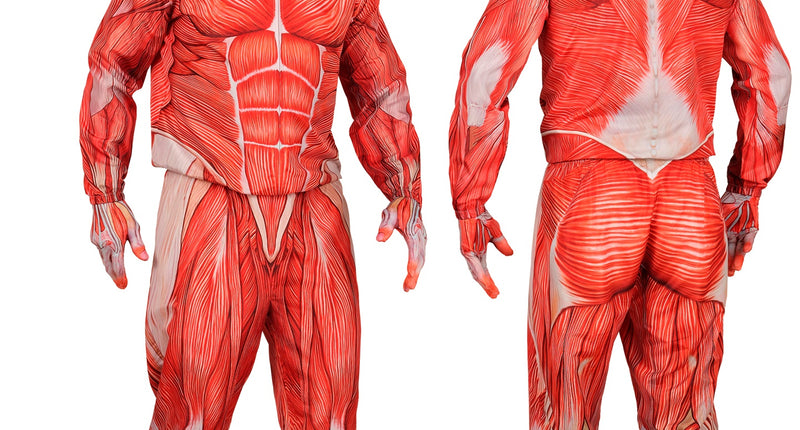 Anatomie kostuum Bente met rood spierprint, voor- en achterzijde, voor Halloween