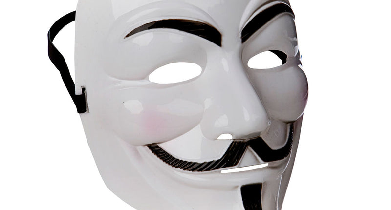 Anonymous masker wit met glanzende afwerking, zwarte snor en sik, voor Halloween of carnaval