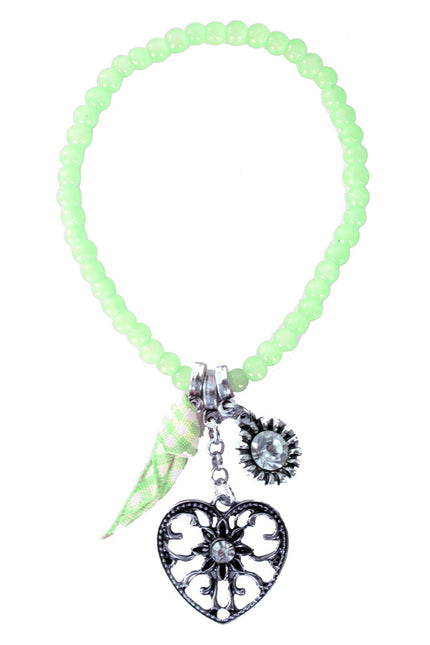 Armband Tiroler kraaltjes groen met zilverkleurig hartbedeltje en groen-wit geruit lint voor Oktoberfest
