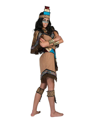 Azteken jurk voor dames van opzij met cape in luipaardprint en riem met turquoise en gouden kleurvlakken