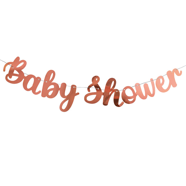Baby Shower slinger in rosé goud met sierlijke schrijfletters aan een zilverkleurig koord