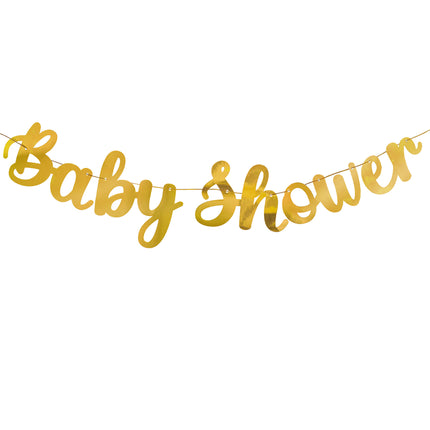Babyshower slinger goud met de tekst Baby Shower in schuinschrift, papieren letters aan een goudkleurig koord