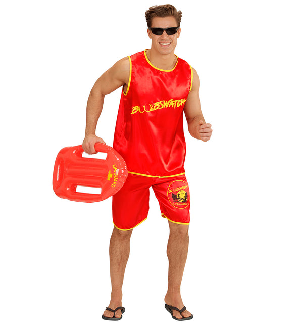 Badmeester pak Dennis met rond lifeguard-embleem op de broekspijp, gedragen op themafeest