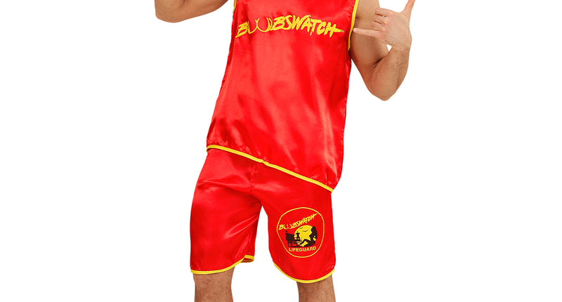 Badmeester pak Dennis in rood met gele opdruk, mouwloze top en korte broek voor heren