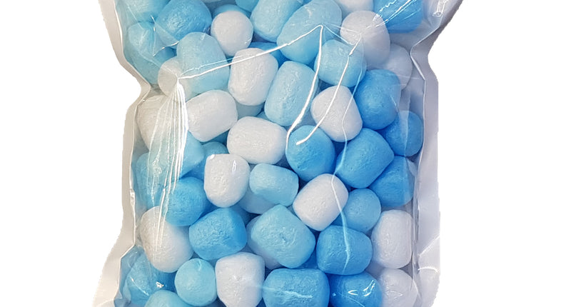 Ballon foam vulling blauw en wit in doorzichtige zak met zipsluiting