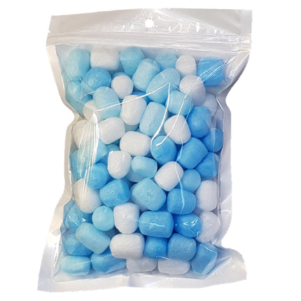 Ballon foam vulling blauw en wit in doorzichtige zak met zipsluiting