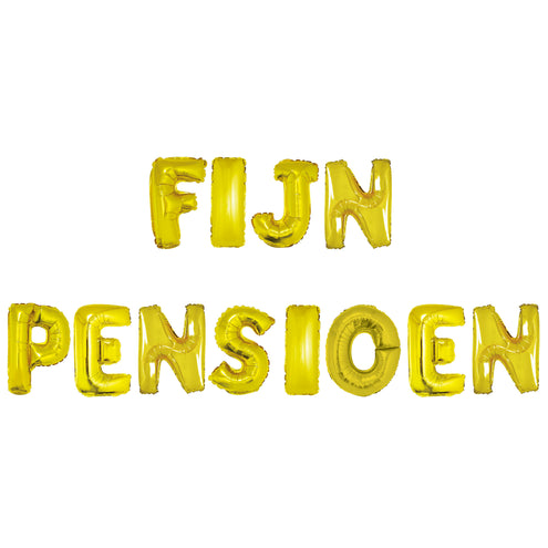 Ballonnen set Fijn pensioen: twaalf gouden folieletters die de tekst FIJN PENSIOEN vormen, voor een pensioenfeest
