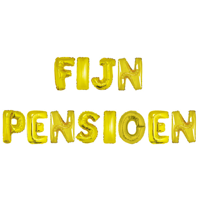 Ballonnen set Fijn pensioen: twaalf gouden folieletters die de tekst FIJN PENSIOEN vormen, voor een pensioenfeest