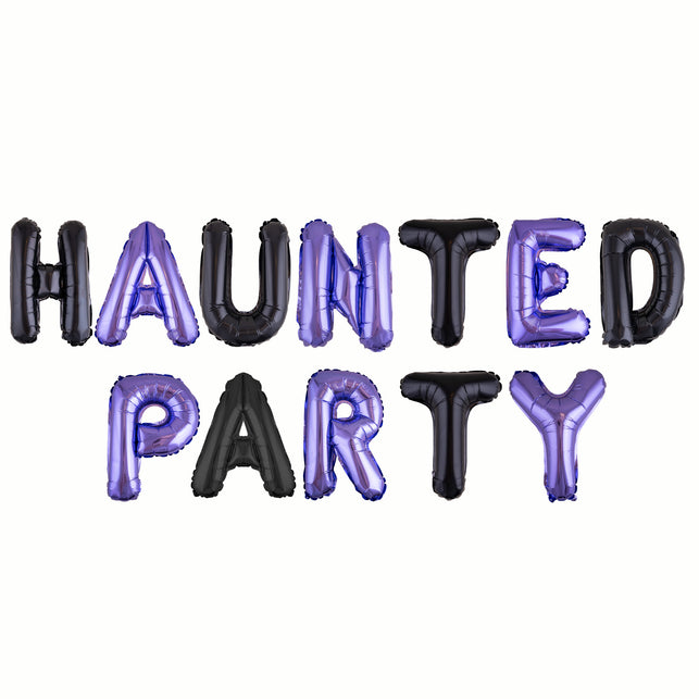 Ballonset Haunted Party met paarse en zwarte folieletters van 41 cm voor Halloween
