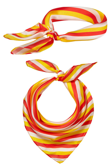 Bandana Oeteldonk met rood-geel-witte strepen, geknoopt als hoofddoek en als halsdoek voor carnaval